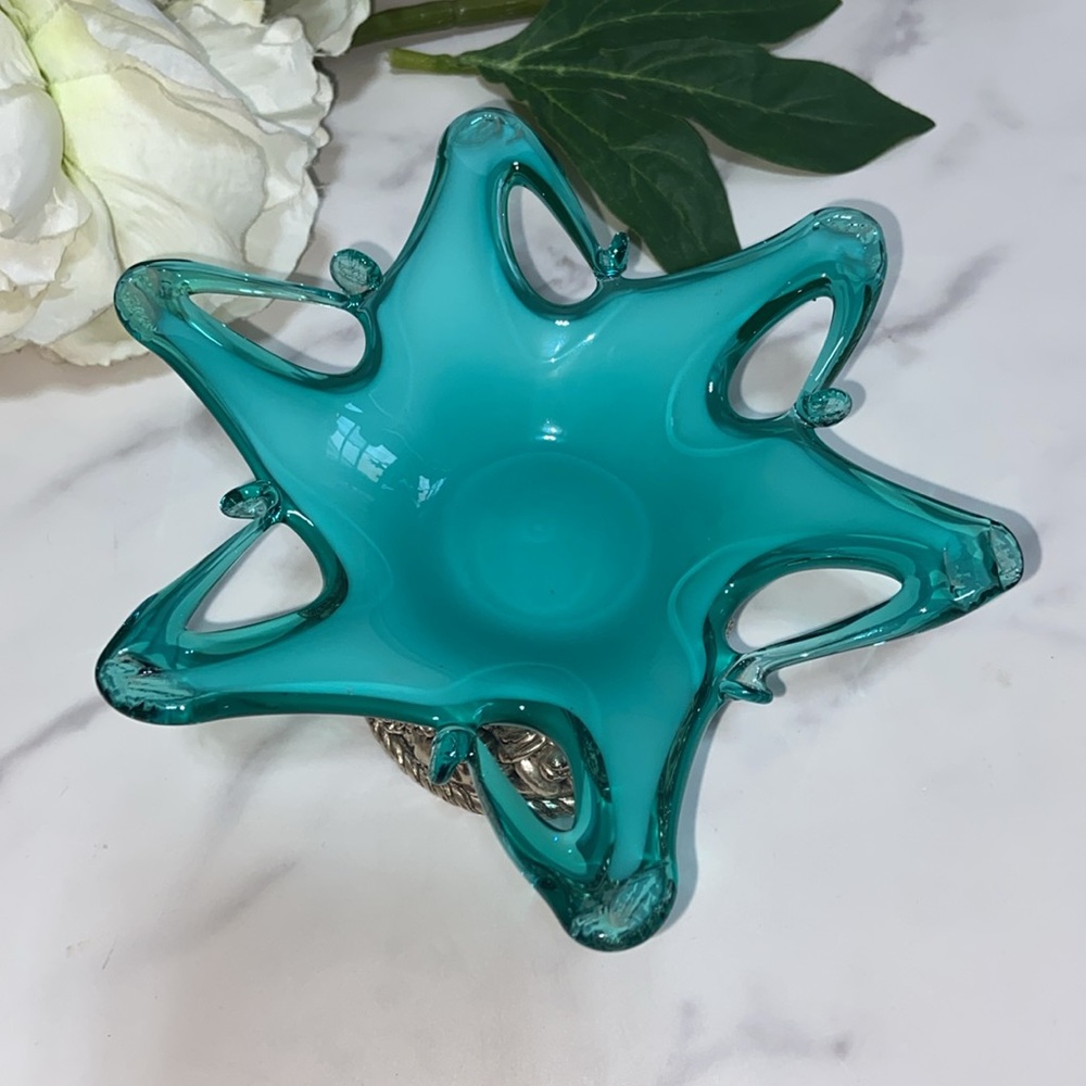 Small Murano Footed Glass Bowl Dish Glass Trinket Tray With Silver Fruit Stand - Picture 4 of 17